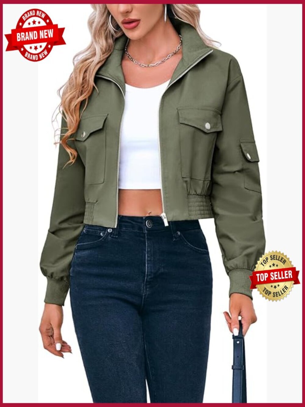 Cropped Bomber Jacket Lightweight Zip Up Stand Collar Long Sleeve Short Jacket